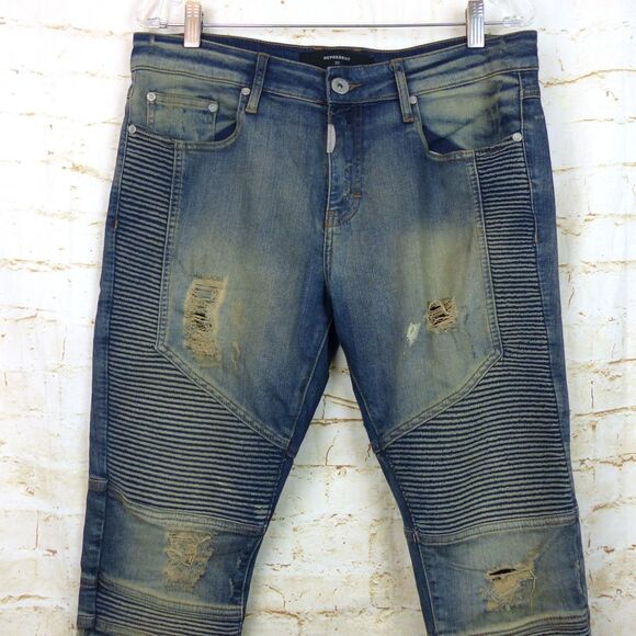 Represent Biker Jeans Mens 32 Blue Sand Stone Destroy Wash Moto Rib Skinny Rock - Picture 4 of 15